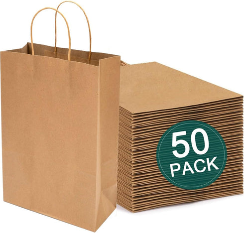 Toylin 50 Pack 5.9x3.25x8.25 Inch Small Paper Gift Bags, Plain Brown Kraft Paper Bags with Handles Bulk, Gift Bags for Grocery Birthday, Baby Show...