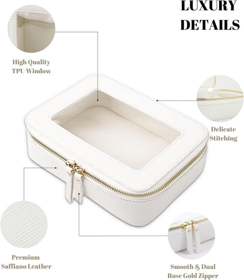 Clear Makeup Case, Durable Saffiano Faux Leather Travel Cosmetic Bag, Toiletry Bag with Visual Window & Dual Zippers, Travel Essentials for Women ...