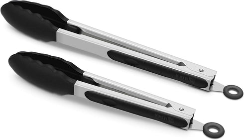2 Pack Black Kitchen Tongs, Premium Silicone BPA Free Non-Stick Stainless Steel BBQ Cooking Grilling Locking Food Tongs, 9-Inch & 12-Inch...