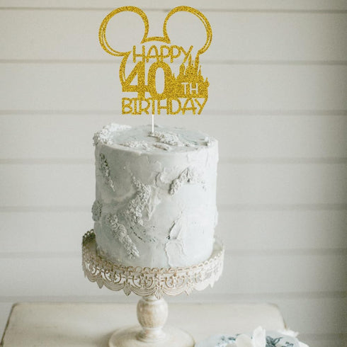Mouse Inspired Castle Happy 40th Birthday Cake Topper, Cartoon Mouse Themed 40th Birthday Party Decorations, Gold Glitter...