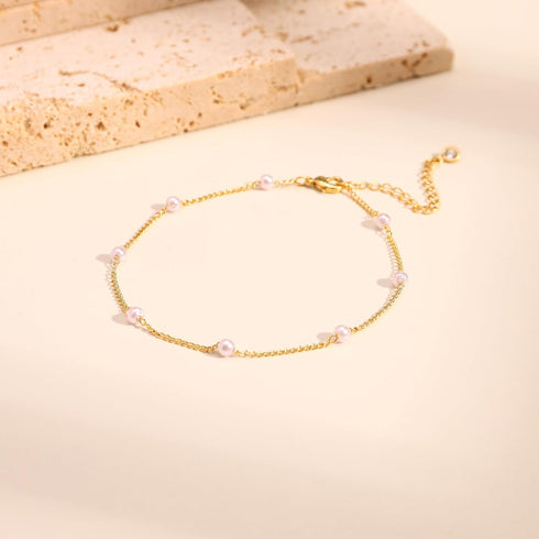 Ankle Bracelets for Women,Dainty Gold Anklet 14k Gold Plated Summer Pearl Anklets for Women Waterproof Non Tarnish Pearl Anklet Set Cute Beded Cha...
