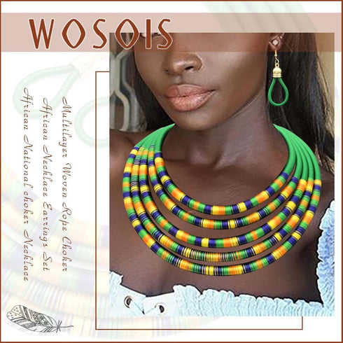 African Necklace Earrings Set Multilayer Woven Rope Choker Layered Strand Collar Statement Jewelry Accessories for Women and Girls...