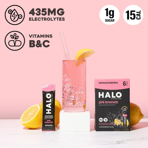 HALO Hydration - Electrolyte Drink Mix | Hydration Powder Packets | Pink Lemonade Flavor – for Sports and Cycling | Easy Open Single Serving Stick...