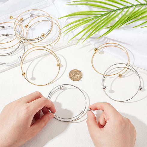 OLYCRAFT 10pcs 2.5 Inch Expandable Blank Bangle Bracelets with Removable Ball Bead - Gold & Silver Stainless Steel Wire Bangle Blank Cuff Bracelet...