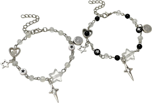 Caiyao Y2K Cool Punk Hollowed Out Pentagram Matching Beaded Bracelet Handmade Guitar Star Pendant Bracelet Aesthetic Imitation Pearl Beads Bracele...