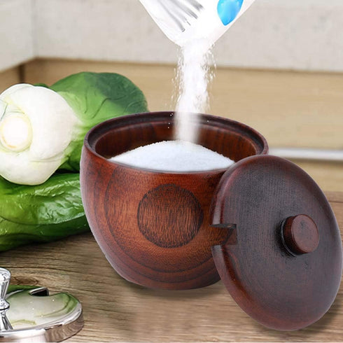 Raguso Solid Wood Jar,1pc Seasoning Pot Salt Sugar Chili Storage Bowl With Spoon And Lid Kitchen Tool Home Restaurant Food Shop Foodstoragecontain...
