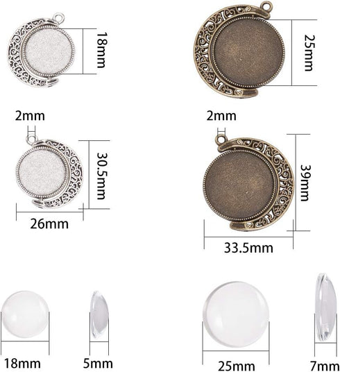 SUNNYCLUE 48pcs 2 Size Moon Rotation Double Side Pendant Tray Kit 16pcs Round Blank Bezel Pendant Trays Base Cabochon Settings with 32pcs Clear Gl...