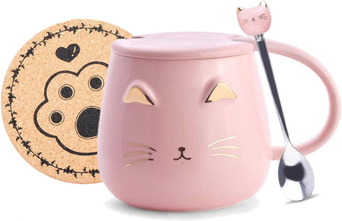 Pink Ceramic Coffee mug Cute Cat Handmade Tea Cups with Stainless Steel Spoon Kitty Cup Unique Hot chocolate Novelty mugs Christmas Birthday for G...