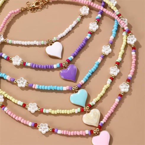 2 Pcs Heart Choker Necklace Colorful Beads Layered Necklace Friendship Y2K Beach Costume Jewelry Gifts for Women...