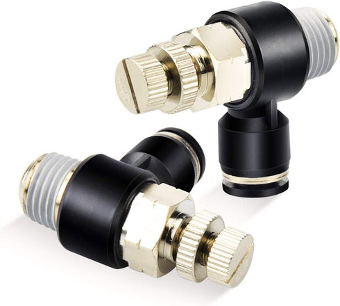 TAILONZ PNEUMATIC 3 Pack SL-3/8-N2 Push to Connect Air Line Fitting Air Flow Control Valve 3/8 Inch od 1/4 Inch Npt Elbow 90 Degree Air Speed Cont...