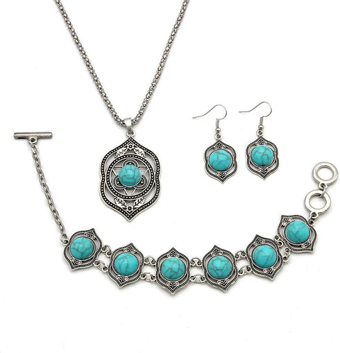 Pingyongchang Bohemian Turquoise Jewelry Sets for Women Turquoise Pendant Necklace, Vintage Turquoise Dangle Earrings,Retro Turquoise Collar Neckl...