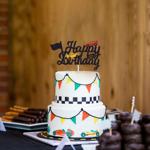 Marwey Race Car Birthday Cake Topper Happy Birthday Cake Decor Chequered Flag Themed Party Supplies Decorations(Doubled-Sided)...