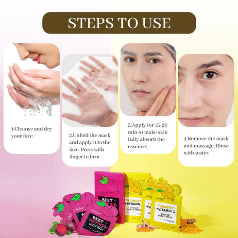 Beet Vitamin A & Turmeric Facial Sheet Masks For Skin care,Beauty,for All Skin Types,Helps Anti Wrinkles, Smooths,and Moisturizing Skincare (10-Pa...