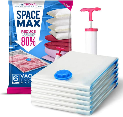 Small 6 Pack | SPACE MAX Premium Space Saver Vacuum Storage Bags - Save 80% More Storage Space - Reusable, Double Zip Seal & Leak Valve, Includes ...