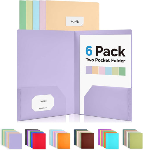Sooez 6 Pack Pocket Folders with Labels, Heavy Duty Plastic File Folders with Pockets, Pastel Poly Folders for Documents Letter Size, Colored Scho...