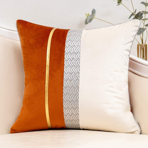 Yangest Burnt Orange Patchwork Velvet Throw Pillow Cover with Gold Striped Leather Cushion Case Modern Luxury Pillowcase for Sofa Couch Bedroom Li...