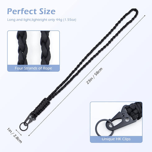 Heavy Duty Neck Lanyard Keychain for Men Women Outdoor Survival, Black Parachute Rope Necklace Keychains with HK Clip Key Ring for ID Card Badge H...