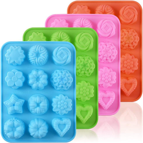 Newk Flower Heart Shape Chocolate Silicone Mold, 4 Packs 12 Cavity Candy Baking Mold for Parties, Festival and DIY Crafts - Green, Blue, Pink, Ora...