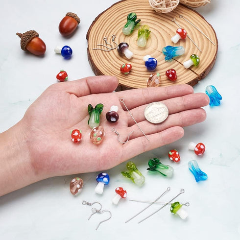 Beadthoven 20 Pairs DIY Lampwork Beads Earrings Making Starter Kit Cute Mushroom Strawberry Fruits Vegetable Lampwork Glass Beads with Stainless S...