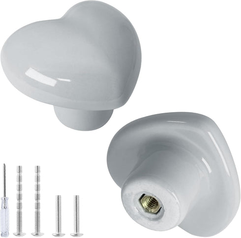 2pcs Ceramic Cabinet Knobs Light Grey Drawer Knobs, Heart Shaped Dresser Knobs Cute Kitchen Cabinet Pull Handles, Small Vanity Knobs Hardware Clos...