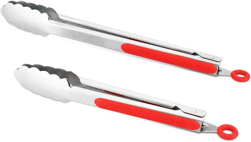 304 Stainless Steel Kitchen Cooking Tongs, 9" and 12" Set of 2 Sturdy Grilling Barbeque Brushed Locking Food Tongs with Ergonomic Grip, Red...