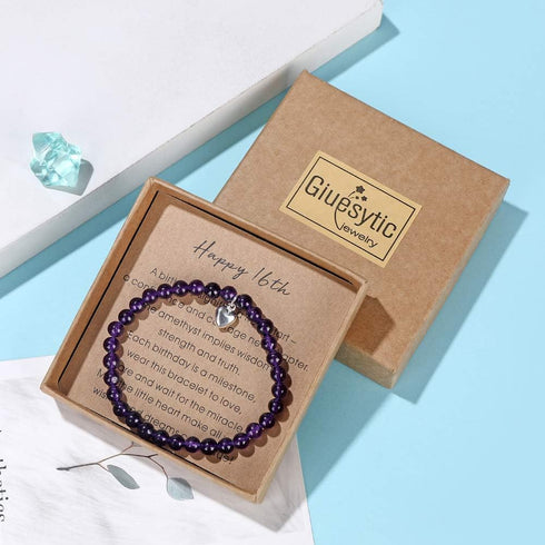 Gifts for 16 Year Old Amethyst Bead Bracelet with Sterling Silver Heart Charm Sweet 16 Gifts with Card and Gift Box...