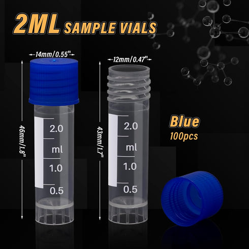 100 Pcs 2ml Small Vials with Screw Caps Centrifuge Tubes Plastic Sample Tubes Cryogenic Vials Graduated Bottles Test Tubes with Lids (Blue)...