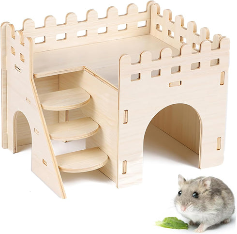 Tiny Hamster Wood House, Fun Playpen Sleeping House with Steps - Wooden Hamster House, Mouse Mice Cages' Habitat Decor for Dwarf Gerbil Mouse Mice...