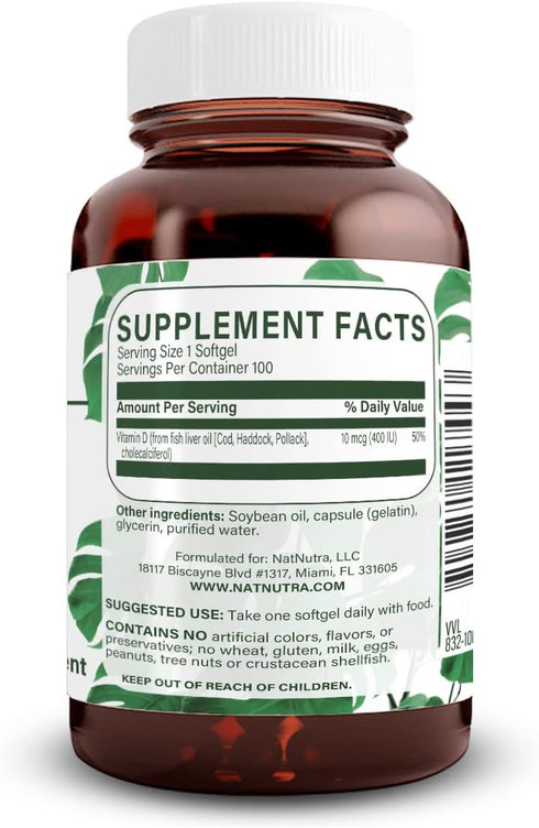 Natural Nutra Supreme Vitamin D3 400 IU Softgels, Immune Support, Sunshine Vitamin, Bone and Teeth Strength, Gluten-Free, 100 Softgels...