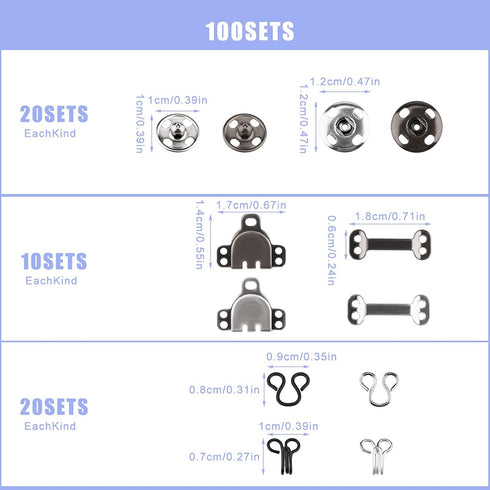 LUTER 100pcs Skirt Hooks, Sew-on Snaps, Hook&Eye Latches, 50 Pairs Sewing Fastener Set of 3 Styles for Skirt, Bra, Trousers, Clothing, DIY Sewing ...