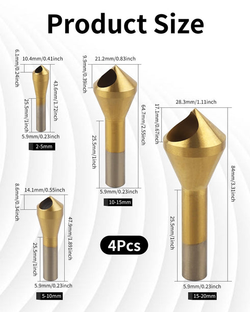 Countersink Drill Bit Set, 4 Pcs Titanium Coated Counter Sink Drill Bit Set Deburring External Chamfer Tool, for Wood, Metal, Plastic, PVC...