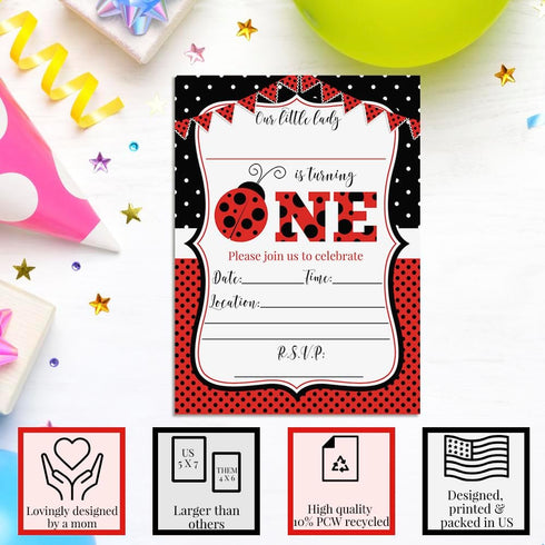 Red Ladybug First Birthday Party Invitations for Girls, 20 5x7 Fill In Cards with Twenty White Envelopes by AmandaCreation...