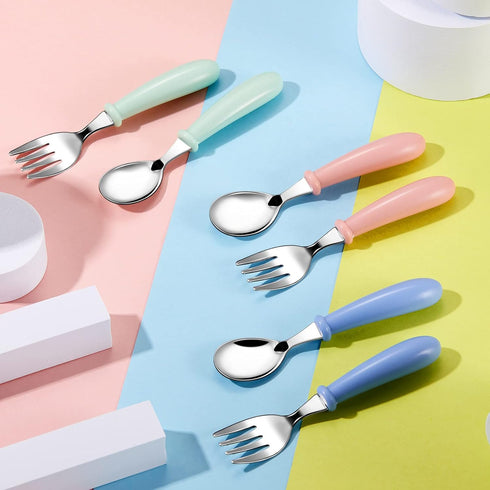 Honeydak 12 Pieces Toddler Utensils Kids Fork and Spoon Silverware Set colored Stainless Steel Safe Flatware Round Handle Utensils Baby Cutlery me...