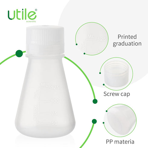 Plastic Erlenmeyer Flask Set with Screw Caps, 6pcs of Vol.125ml Scientific Conical Flask Laboratory Flask,with Molded Graduations, 4023.0651.6...