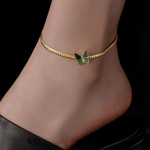 Green Butterfly Anklets for Women Waterproof Dainty 18k Gold Plated Ankle Bracelets Stainless Steel Cuban Link Foot Chain Anklet Summer Beach Foot...