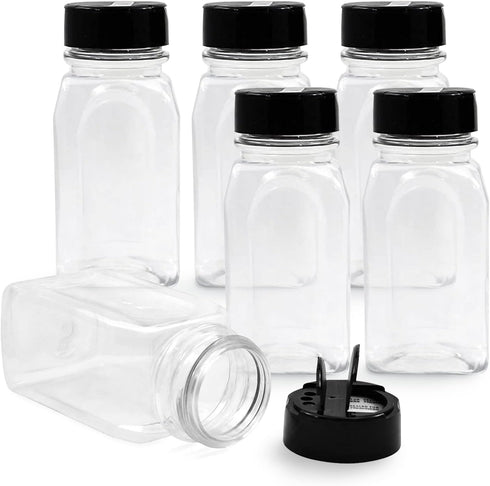 RoyalHouse 6 Pack 9.5 Oz Plastic Spice Jars with Black Cap, Clear and Safe Plastic Bottle Containers with Shaker Lids for Storing Spice, Herbs and...