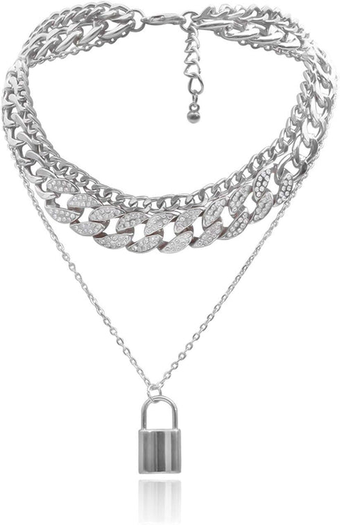 N/Q Layered Hip Hop Chunky Cuban Link Chain Rhinestone Beads Lock Pendant Necklace Bracelet for Women Girl Men Boy Shiny Crystal Bling Punk Cool U...