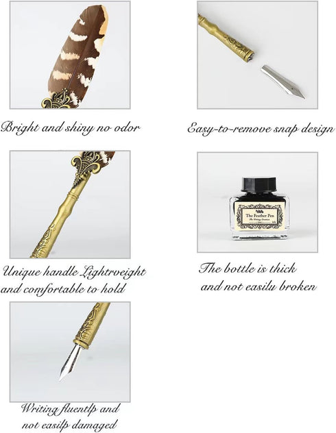 Quill Pen and Ink Set Feather Pen with Ink and 6pcs Nibs Calligraphy Pens for Beginners for Lettering,Drawing, Journaling, Signing, Invitation HO-...