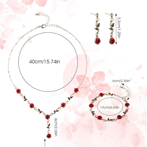 Yolev 3Pcs Set Red Rose Jewelry - Rose Flower Pendant Necklace, Bracelet Dangle Earrings.Bracelet Flower Jewelry Dangle Earrings Set For Valentine...