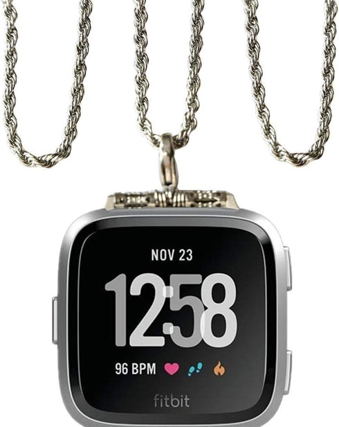 Stainless Steel Chain Necklace Smartwatch Band Compatible with Fitbit Versa 1/2/Lite Newest Polished Silver Metal Twisted Chain Strap Rope Neckban...
