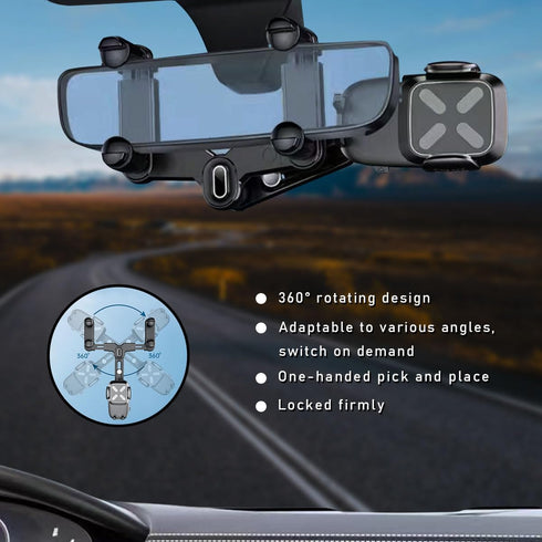 Rear View Mirror Phone Holder, 360° Rotatable Retractable Rearview Mirror Phone Mount, Multifunctional Adjustable Auto Phone Cradles for All Smart...
