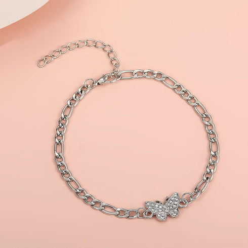 Boho Crystal Butterfly Anklet Bracelet Cz Paved Rhinestone Butterfly Ankle Bracelet Silver Cz Butterfly Dangle Ankle Foot Chain Beach Curb Chain F...