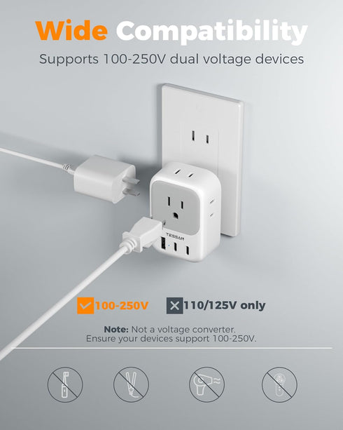 TESSAN US to Japan Plug Adapter 2 Prong to 3 Prong Outlet Adapter with 4 Outlets 3 USB (2 USB-C), Outlet Converter US to Japan China Mexico Philip...