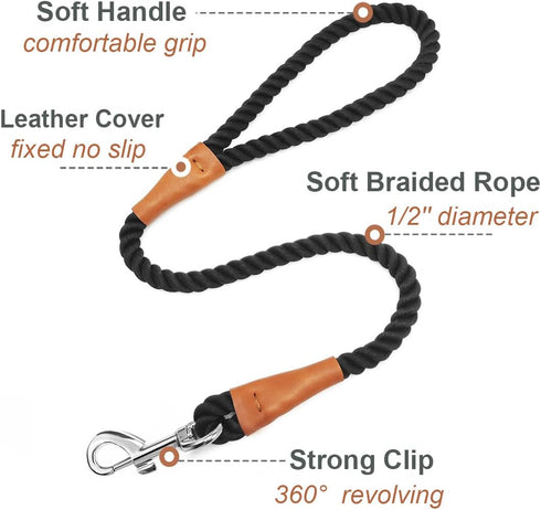 2 FT Short Dog Leash, Soft Strong Braided Leash with Leather Tailor Connection Pet Rope Leash for Small Medium Large Dogs (24 Inch x 1/2'')...
