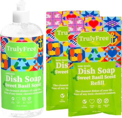 Non-Toxic Natural Liquid Dish Soap | Long-Lasting, Sweet Basil Fresh Scent | Includes: 1 Empty Refill Squeeze Bottle (16oz), 2 Refill Packs...
