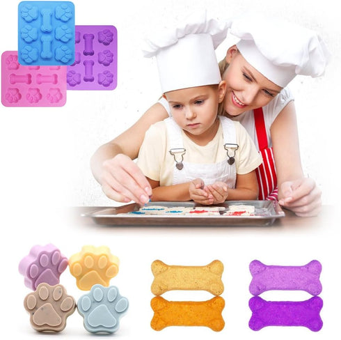 3 Pcs Silicone Molds Puppy Dog Paw & Bone Shaped 2 in 1, 8-Cavity, FineGood Reusable Ice Candy Trays Chocolate Cookies Baking Pans, Oven Microwave...