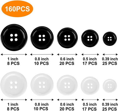 Mixed Sewing Buttons 160Pcs, Round Black 4-Hole Craft Buttons, 5 Sizes White Resin Button, with Separate Compartment Storage Box, Suitable for Sew...