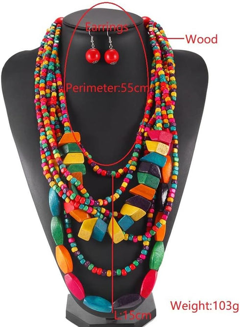 COLORFUL BLING Handmade Multi-Layer Chunky Wooden Beads Bib Necklace Earrings Set African Statement Collar Choker Multi Strand Necklace Boho Jewel...