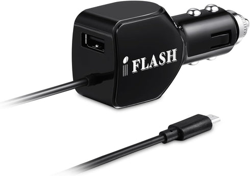 iFlash 24W / 2.4A + 2.4A (4.8A max) Portable Dual Port USB Car Charger with Built-in Micro USB Cable Compatible for Samsung Galaxy S6 Plus / S6 Ed...