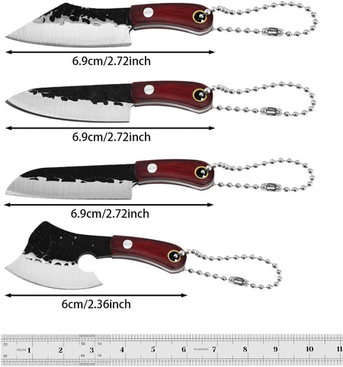 4pcs Pocket Knife Set Mini Chef Cleaver Knife with Leather Sheaths and Iron Case for Box Cutter, Cutting Fruits and Necklace Pendant Decor...